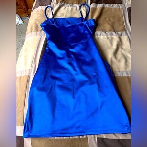 Vibrant Blue Satin Short Spaghetti Strap Dress